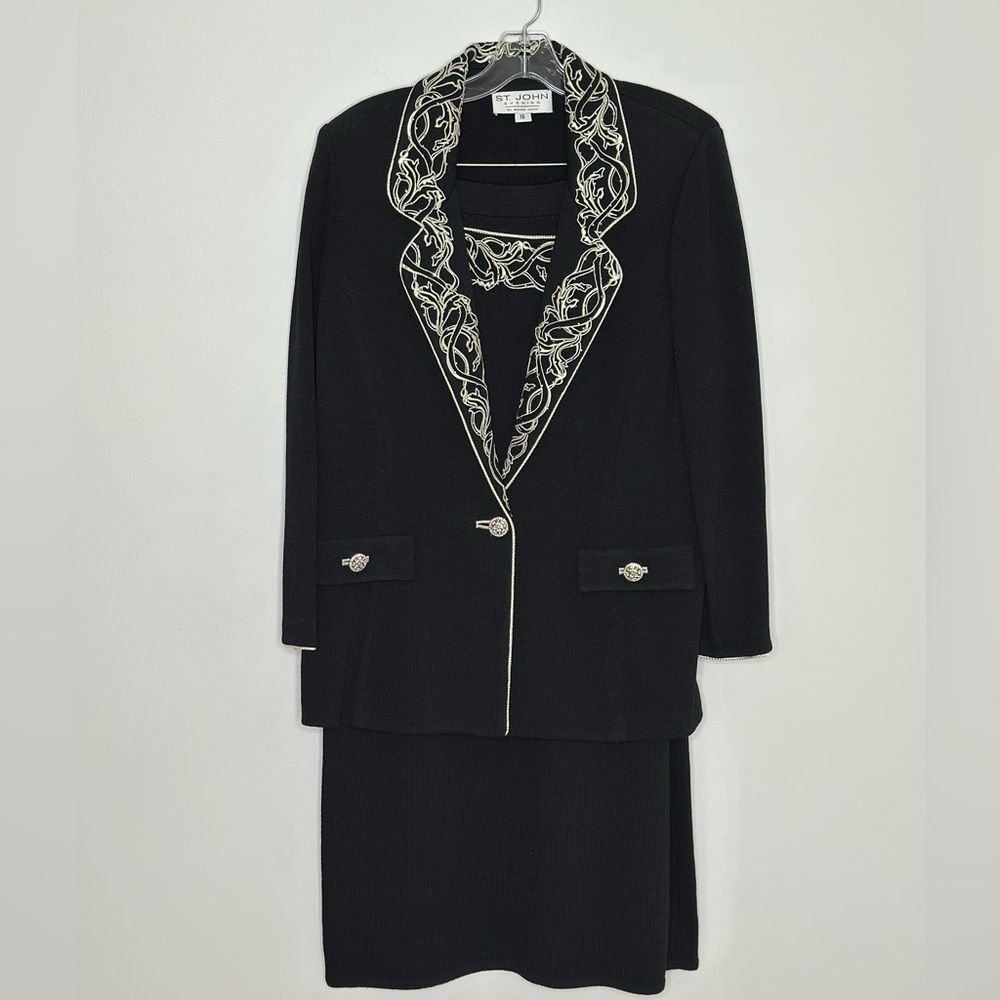 St. John Evening 2 PC Suit Black Santana Jacket & Skirt Ornate Design Size 16